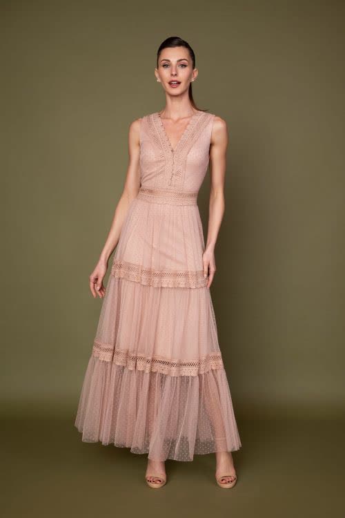 Ρομαντικό midi φόρεμα με dusty pink πουά τούλι και δαντέλα, μπούστο και πλάτη V, διαφάνεια στη μέση και βολάν στη φούστα, ιδανικό για μια ιδιαίτερη περίσταση!