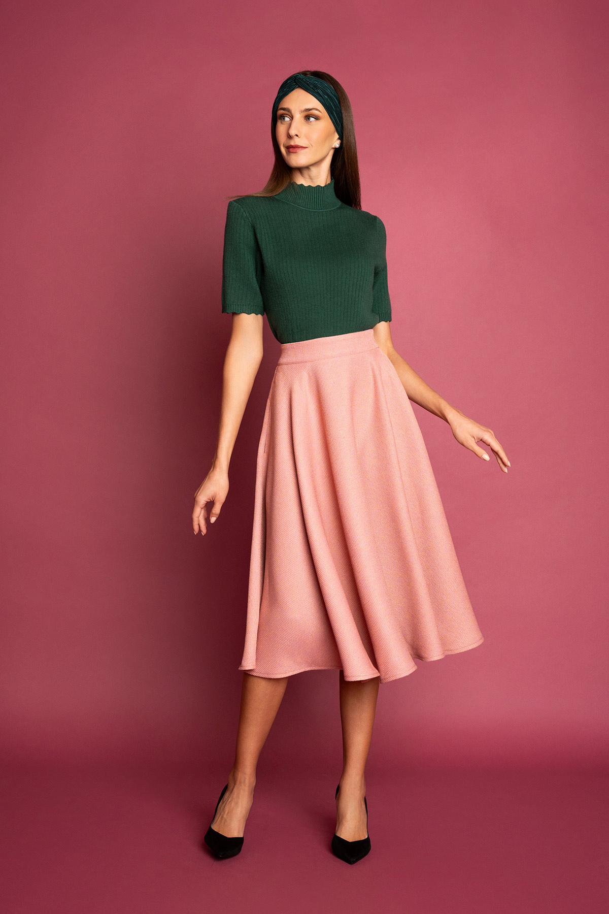 50s-roz-klos-fousta-5 Ψηλόμεση φούστα απόμαλακό πλεκτό ύφασμα, σε κλος γραμμή, με κρυφές τσέπες, για να δημιουργήσετε ένα ρετρό look για όλες τις ώρες!