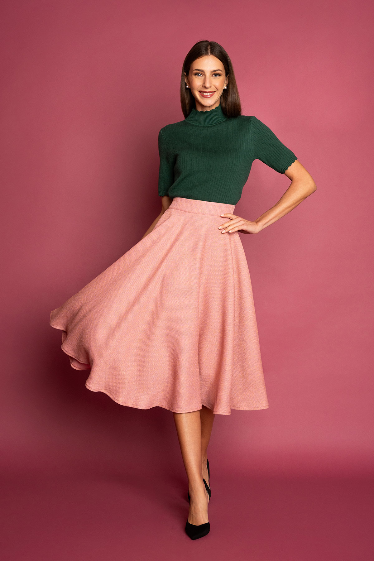 50s-roz-klos-fousta-7 Ψηλόμεση φούστα απόμαλακό πλεκτό ύφασμα, σε κλος γραμμή, με κρυφές τσέπες, για να δημιουργήσετε ένα ρετρό look για όλες τις ώρες!