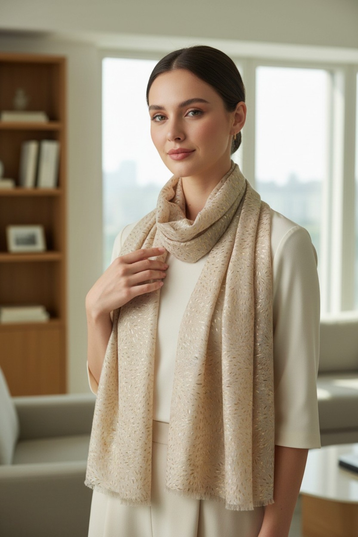 taupe-esarpa-4 Εσάρπα με χρυσαφί σχέδιο, σε taupe απόχρωση, από λεπτό βαμβακερό ύφασμα. Συνδυάστε το με ένα αμάνικο φόρεμα για τις δροσερές ημέρες ή το βράδυ. Ιδανικό αξεσουάρ για να δώσει ένα vintage touch στις εμφανίσεις σας!