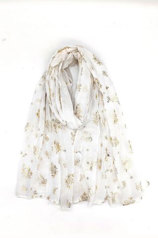 Εσάρπα με κεντημένα χρυσαφί λουλούδια, σε λευκή απόχρωση, από λεπτό βαμβακερό ύφασμα. Συνδυάστε το με ένα αμάνικο φόρεμα για τις δροσερές ημέρες ή το βράδυ. Ιδανικό αξεσουάρ για να δώσει ένα vintage touch στις εμφανίσεις σας!