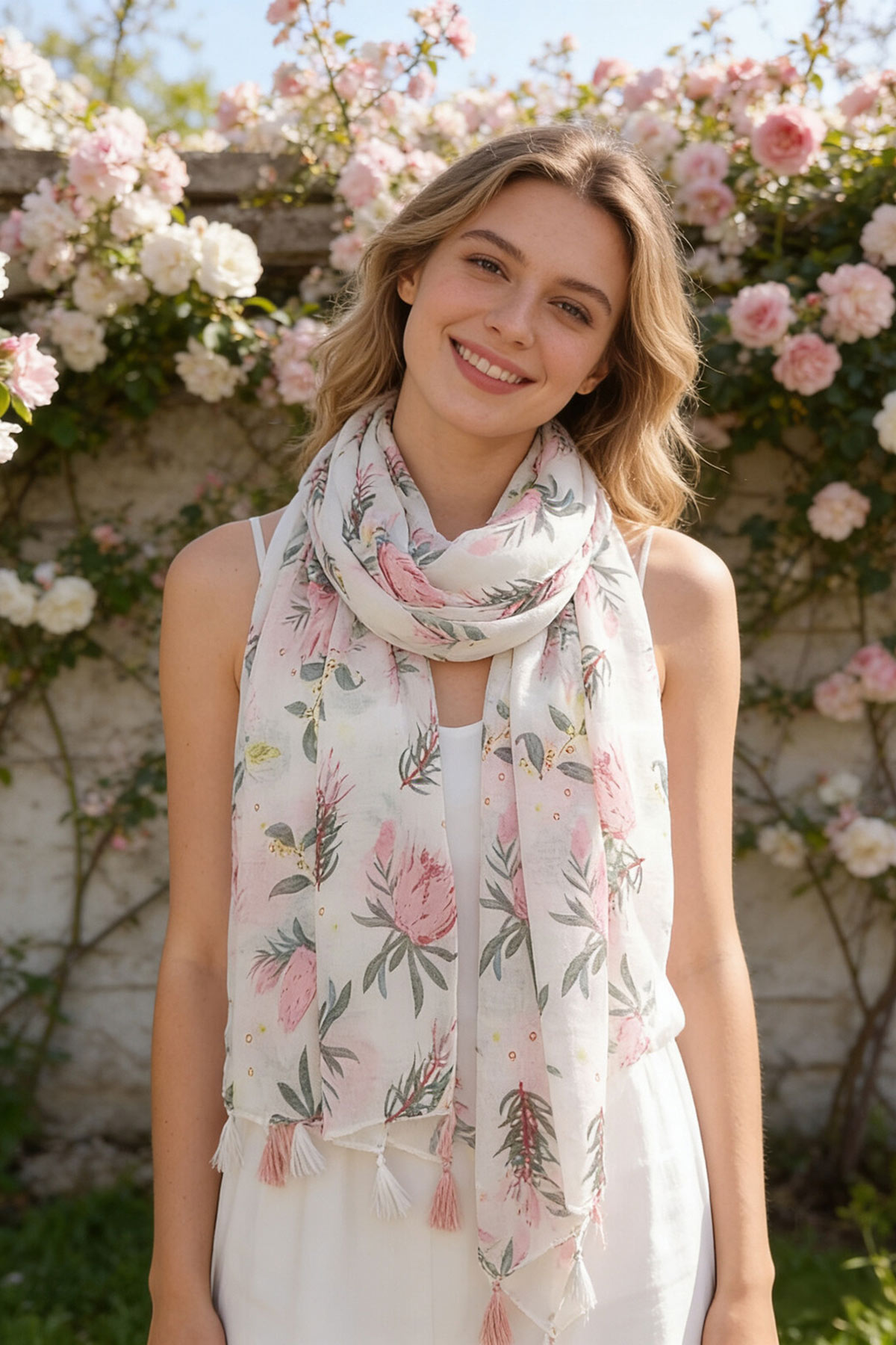 roz-floral-esarpa-2 Λευκή εσάρπα με λουλούδια, σε ροζ αποχρώσεις, από λεπτό βαμβακερό ύφασμα, με ροζ φουντάκια στο τελείωμα. Συνδυάστε τη με ένα αμάνικο φόρεμα για τις δροσερές ημέρες ή το βράδυ. Ιδανικό αξεσουάρ για να δώσει ένα vintage touch στις εμφανίσεις σας!